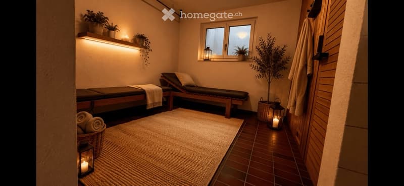 A serene massage room with two massage tables, a woven rug, lit lanterns, and potted plants on shelves.