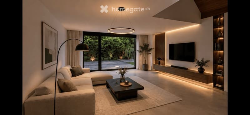 Modern living room with a white sectional sofa, dark coffee table, floor lamp, television, built-in shelving, and decorative vases.