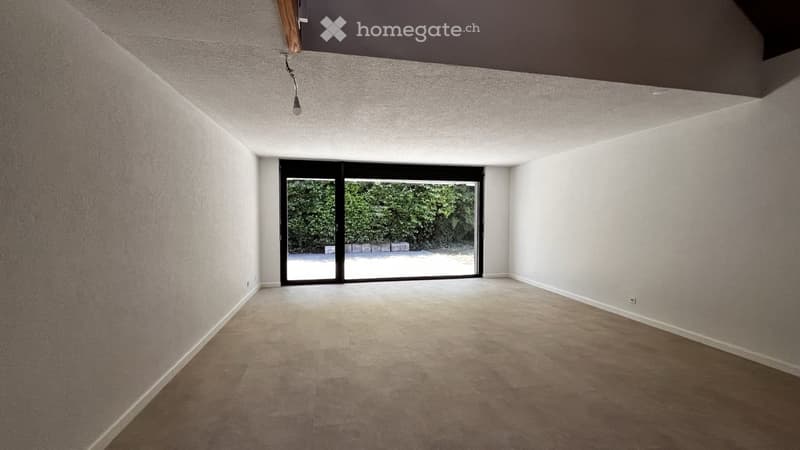 Empty room with white walls, carpeted floor, and large sliding glass doors leading to an outdoor area.