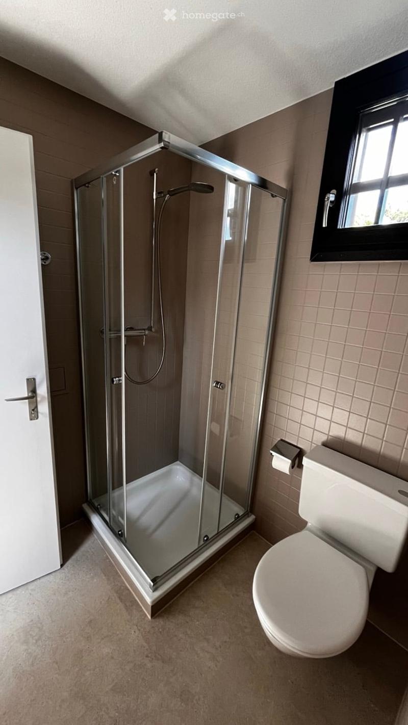 Modern bathroom with a glass-enclosed shower and a toilet, featuring tiled walls and a window for natural light.