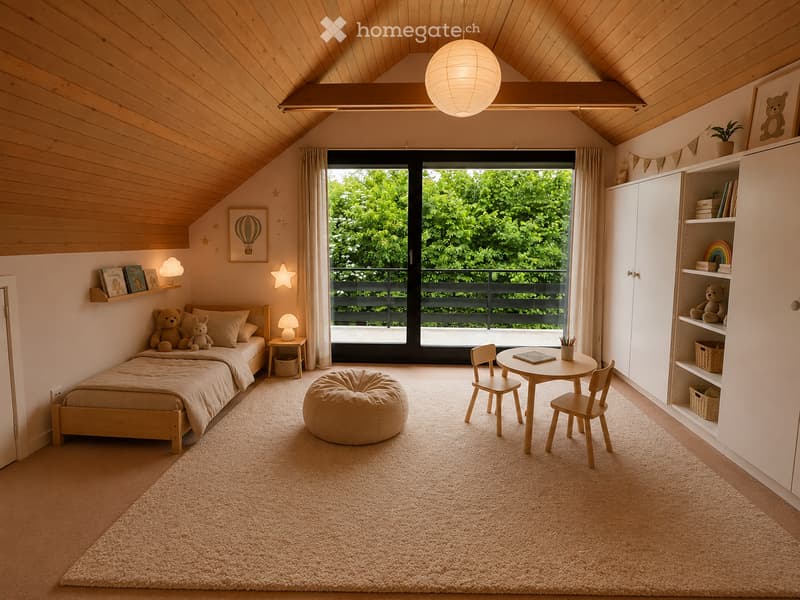 Cozy children's bedroom with a slanted wooden ceiling, large window with view, bed, small table, chairs, pouf, shelves, and decorative items.