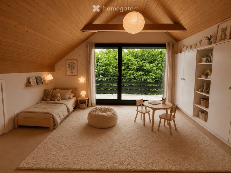 Cozy children's bedroom with a slanted wooden ceiling, large window with a view, bed, small table, chairs, pouf, shelves, and decorative items.
