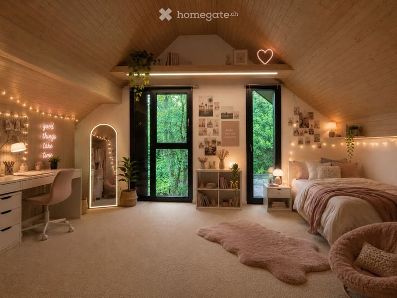 Cozy bedroom with a bed, desk, chair, large mirror, shelves, and decorative plants. The room features wooden walls, large windows, and string lights.