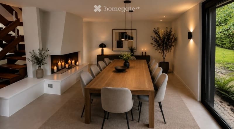 Modern dining room with a long wooden dining table surrounded by grey chairs, a built-in fireplace with candles, a table lamp, a mirror on the wall, and potted plants. Large windows offer a view of the garden.