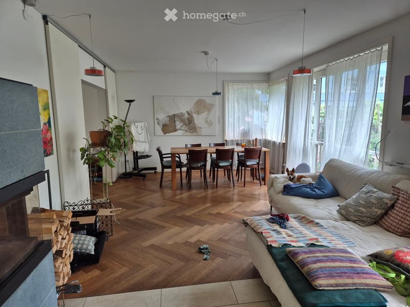Open-plan living and dining area with wooden flooring, a sofa with pillows, a dining table with chairs, pendant lights, and a plant in the corner.