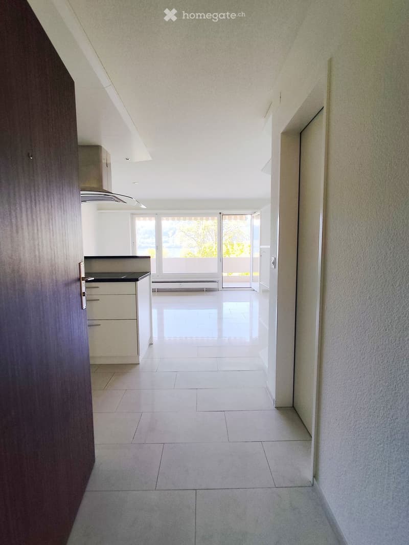 Bright, modern hallway with tiled flooring, white walls, and a sliding glass door leading to an outdoor area. The hallway features a small kitchen area with a countertop and cabinets visible on the left side.