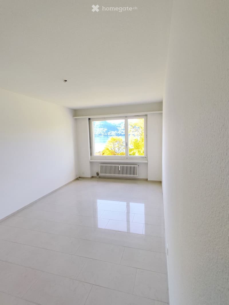Empty room with white walls, tiled floor, and a large window offering a scenic view of a lake and trees. A radiator is visible below the window.