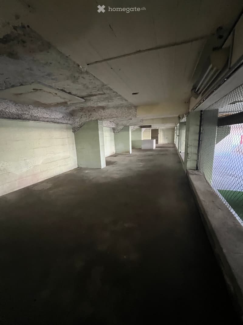 Empty underground corridor with concrete walls, pillars, and a metal fence on one side.