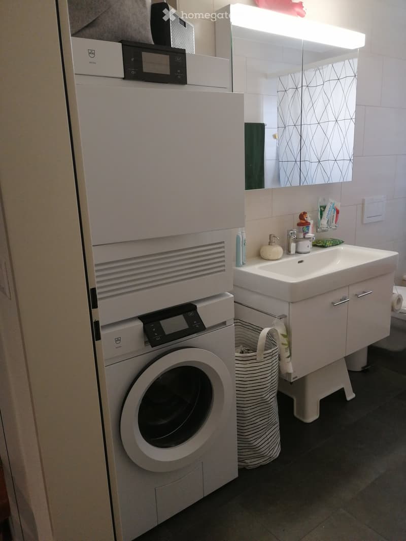 Modern bathroom with a white sink, mirror, washing machine, and various toiletries.