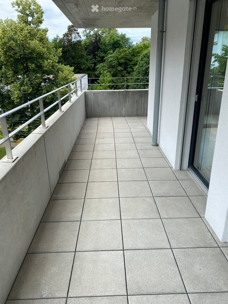 Modern balcony with concrete floor, metal railing, and expansive view of green trees.