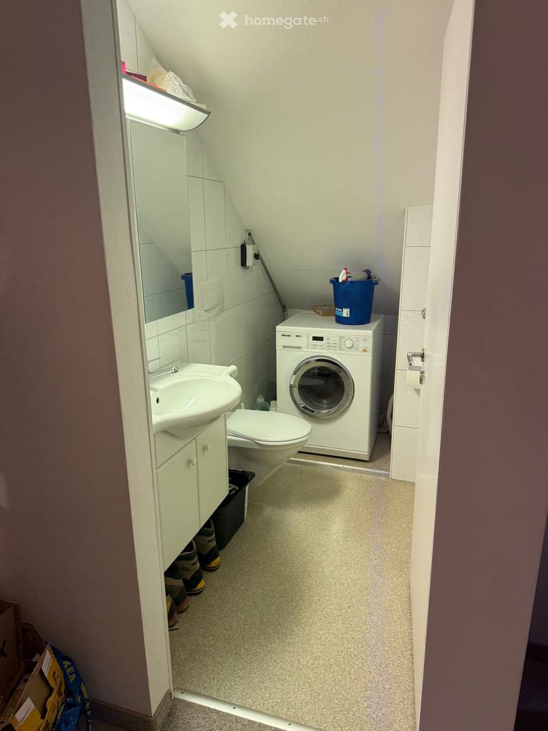 Compact bathroom with a sink, toilet, washing machine, and mirror. Includes a small cabinet and a bucket on top of the washing machine.