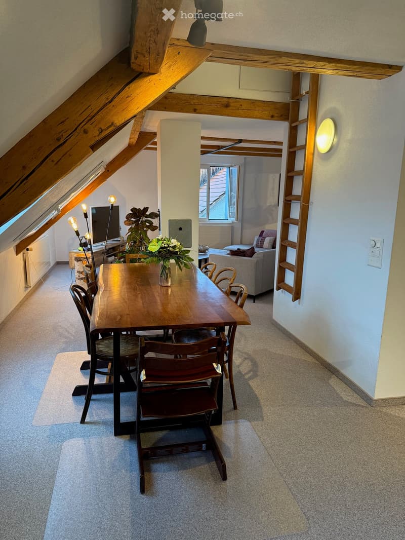 Bright, open room with wooden beams and slanted ceiling. Features a dining table with chairs, a sofa, a screen, and decorative plants.