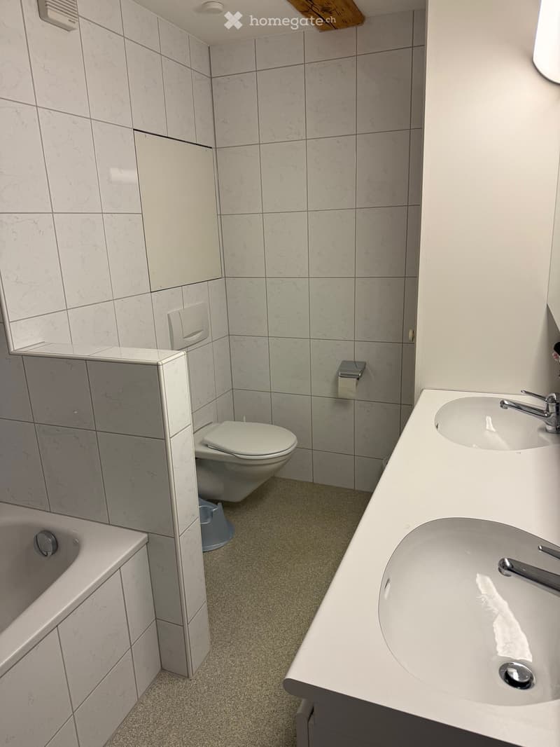 Modern bathroom with marble tiles, a toilet, a sink with two basins, and a bathtub.
