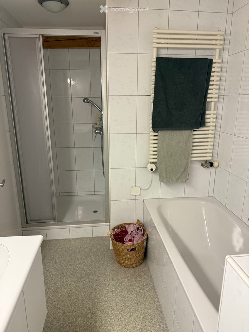 Modern bathroom with a bathtub, shower, towel rack, and a wicker basket on the floor.