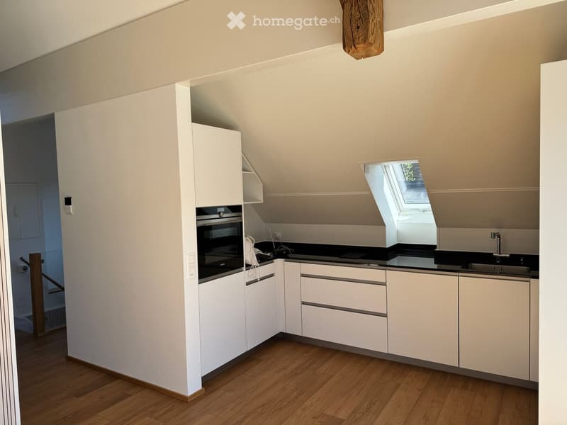 Modern kitchen with white cabinets, black countertops, and a built-in oven. Features a skylight window and wooden flooring.