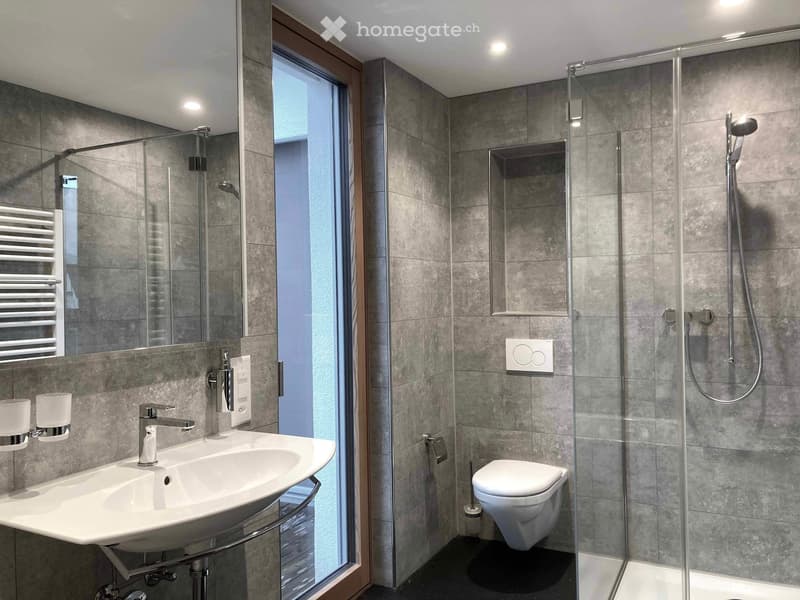 Modern bathroom with grey tiled walls, a white sink with a chrome faucet, a toilet, a glass-enclosed shower, and a large mirror above the sink.