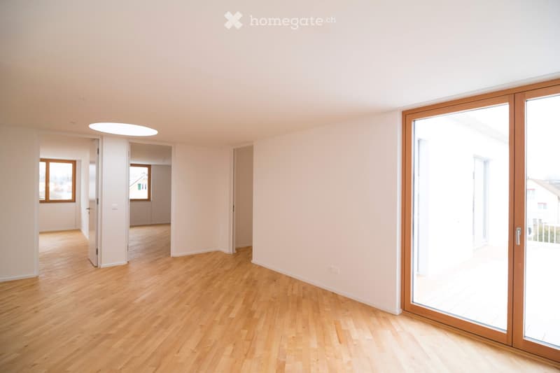 Empty room with light wooden flooring, white walls, large sliding glass doors, and a round ceiling light fixture.