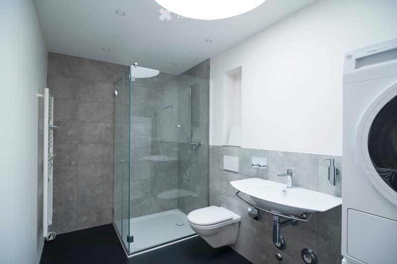 Modern bathroom with a glass-enclosed shower, toilet, sink, and a washing machine. Features include a towel rack, sleek fixtures, and a contemporary design.