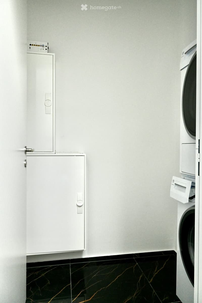 A small, modern utility room with a white washing machine and a white cabinet with a control panel.