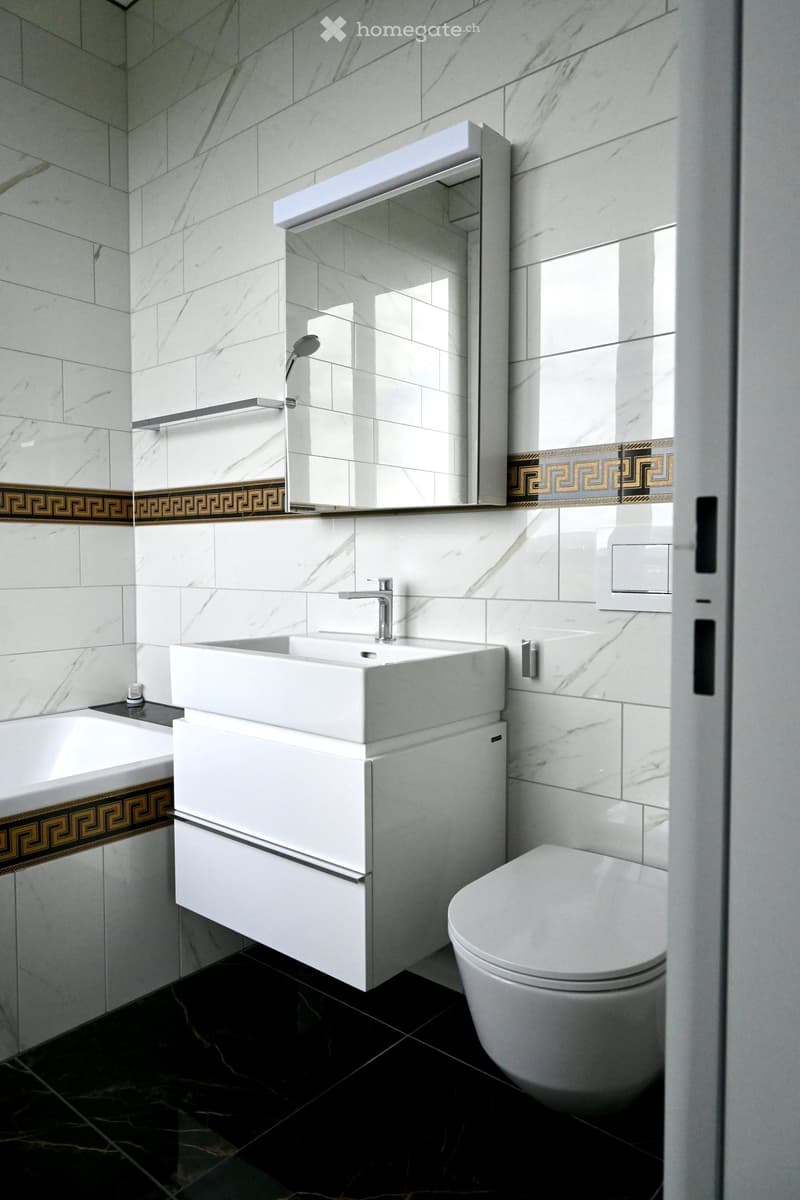 Modern bathroom with white marble tiles, a large sink with a sleek faucet, a built-in cabinet, a toilet, and a large mirror with a decorative border.