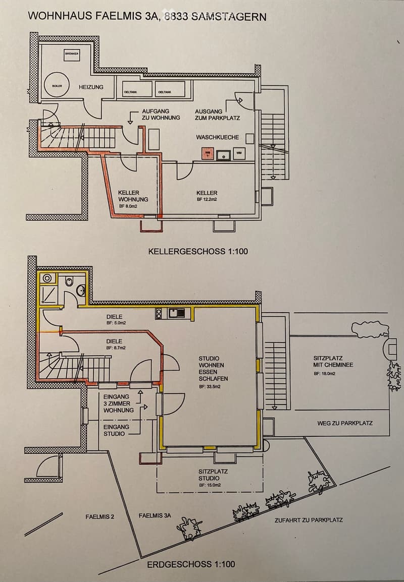 Floor plan of a residential building showing basement and ground floor layouts, including living spaces, studio, and parking access.