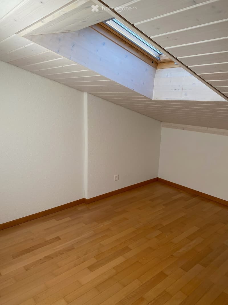 Empty room with wooden flooring, white walls, and a skylight in the slanted ceiling.