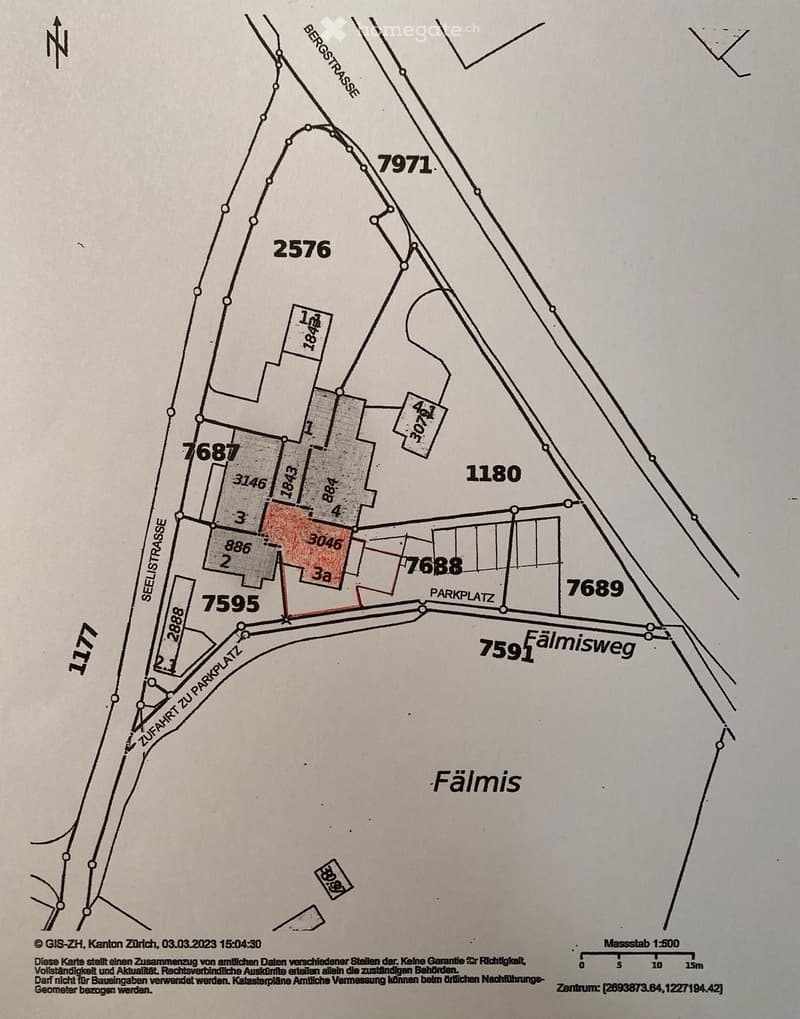 Floor plan showing a property layout with labeled sections, parking areas, and surrounding streets.
