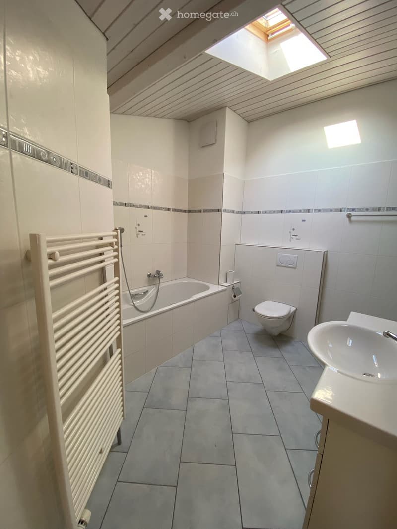 Modern bathroom with a bathtub, toilet, sink, and radiator. The room features tiled walls and a skylight window for natural light.