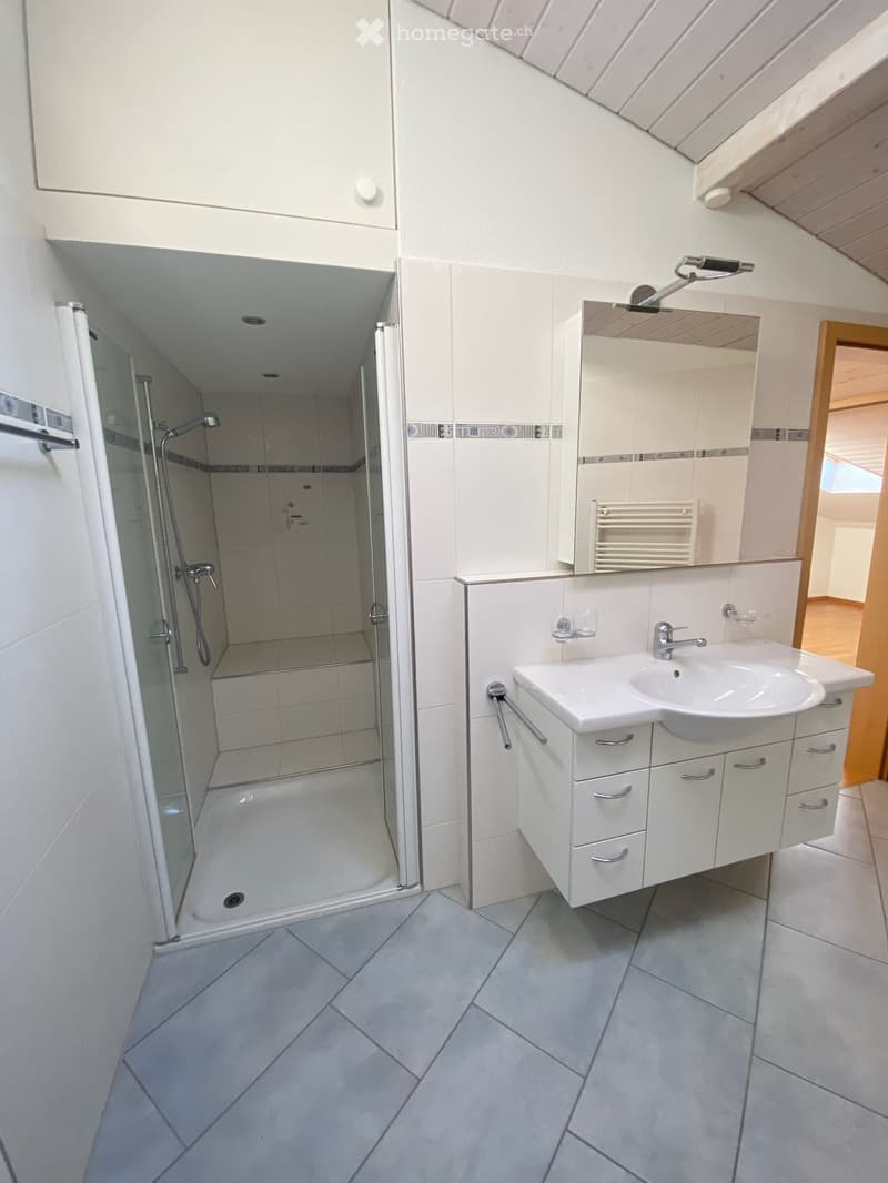 Modern bathroom with white tiles, a glass-enclosed shower, a white sink with a mirror, and built-in cabinets.