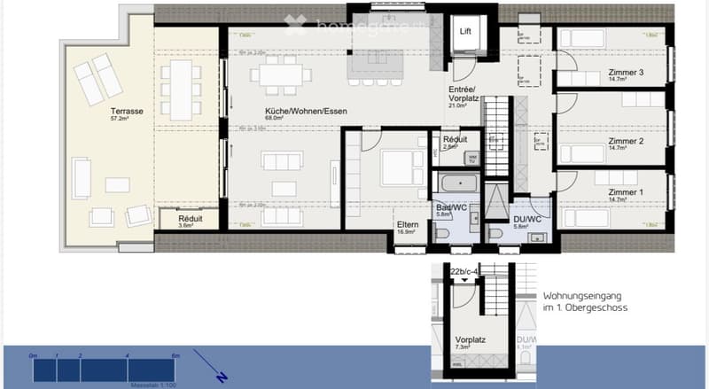 Floor plan showing a kitchen/living/dining area, three bedrooms, two bathrooms, a terrace, and an entrance area.