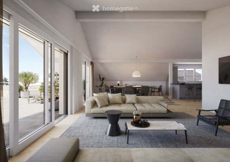 Modern living room with large windows offering a view, featuring a sectional sofa, coffee table, dining area with chairs and table, and pendant lighting.