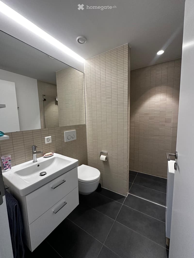 Modern bathroom with a white sink, chrome faucet, toilet, large mirror, and dark tiled floor.