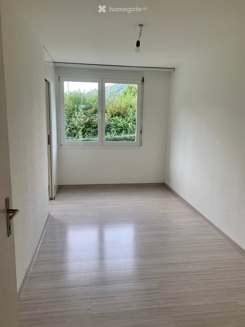 empty room with white walls, wooden floor, window facing outdoors, light fixture