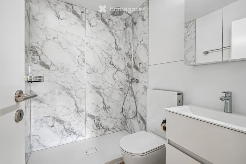 Modern bathroom with white marble walls, a toilet, a sink with a mirror, and a glass-enclosed shower with a modern showerhead.