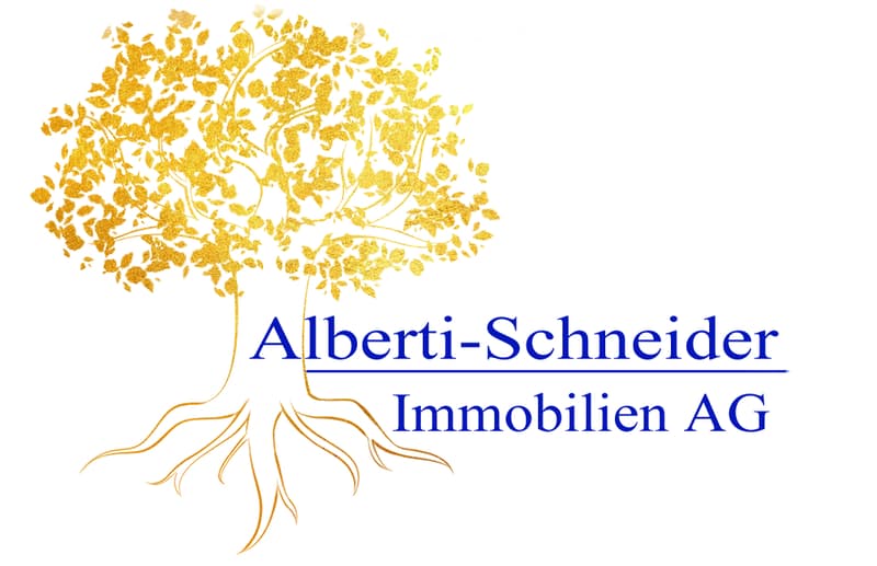 Logo of Alberti-Schneider Immobilien AG featuring a stylized tree with golden leaves and roots, accompanied by the company name in blue text.
