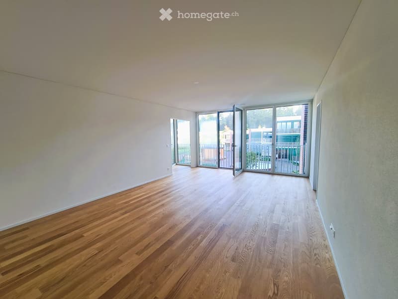 Empty room, wooden floor, white walls, glass doors, balcony with metal railings