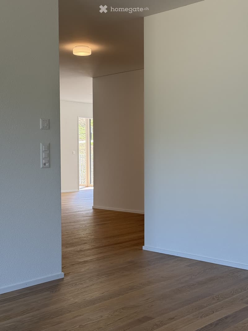wide hallway with wooden floor, glass balcony with wooden handrail, white walls, round ceiling light