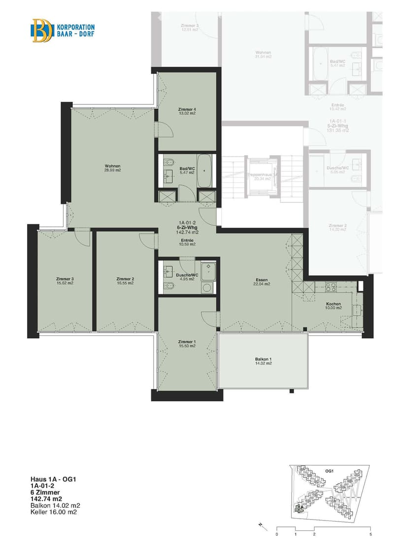 Floor plan of a 6-room apartment with142.74 m² living space, including a balcony, kitchen, dining area, and multiple bedrooms and bathrooms.