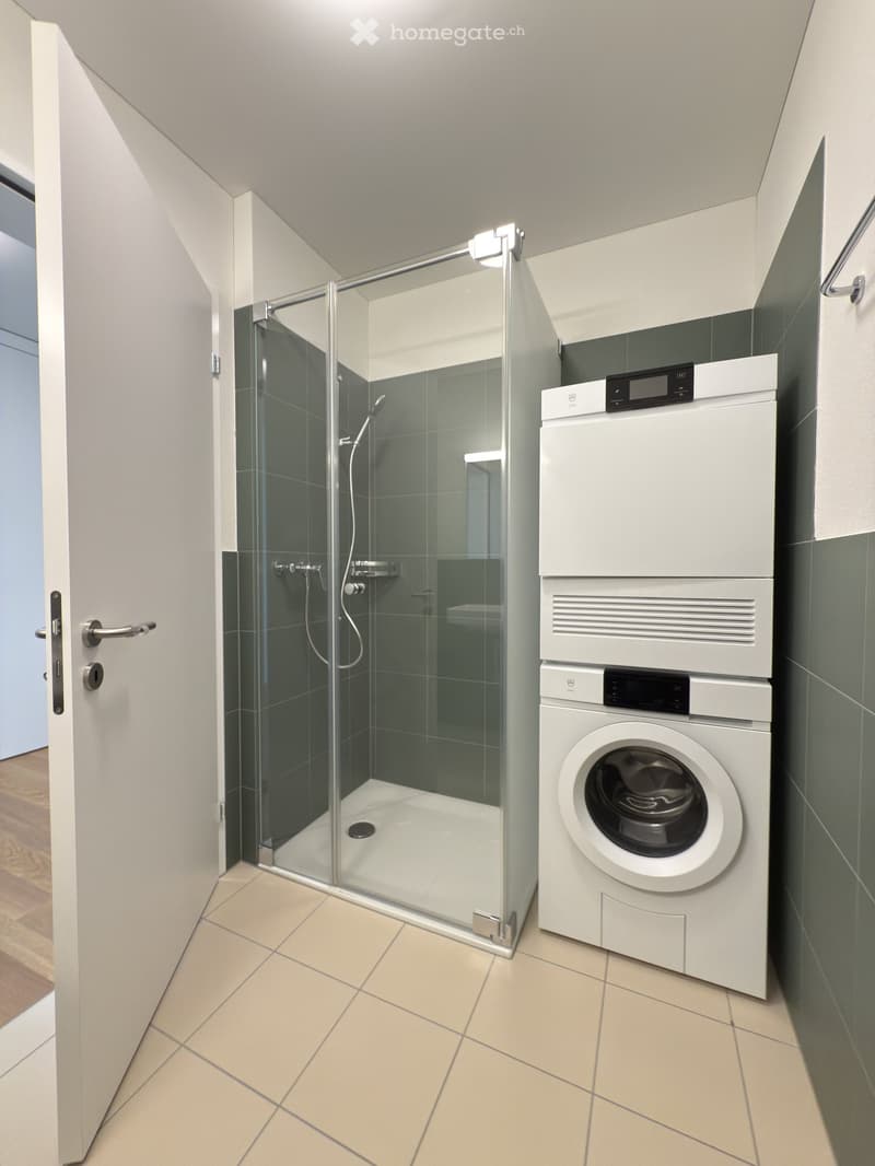 Modern bathroom with a glass-enclosed shower and stacked washer/dryer unit.