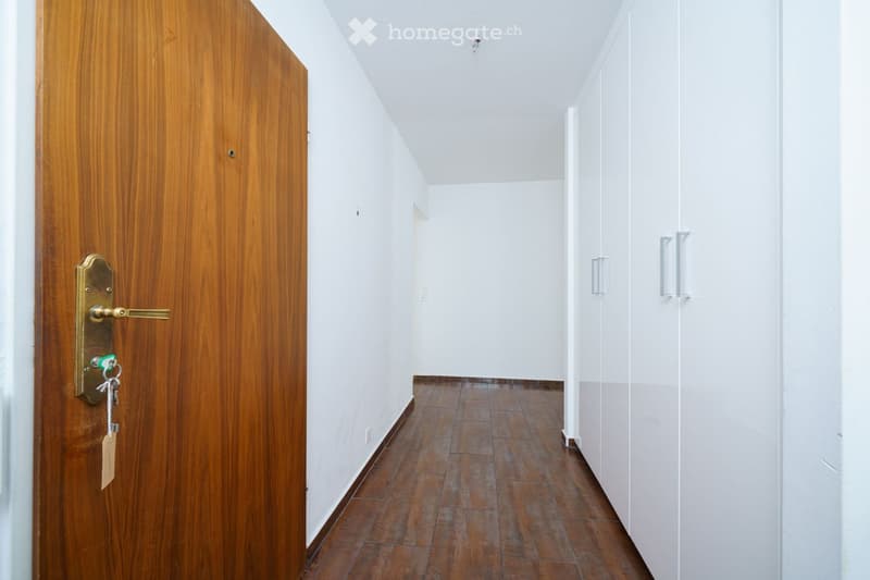 Empty hallway with white walls, brown tiled floor, and a wooden door with a brass handle on the left side.