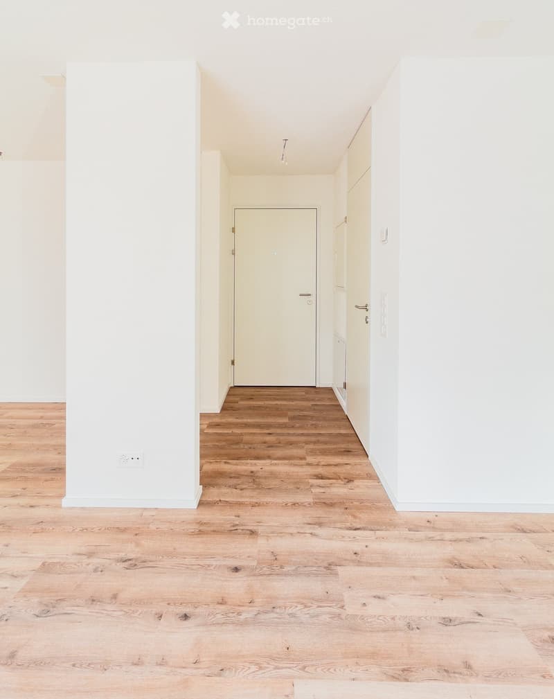 Empty hallway with light wooden flooring and white walls, featuring a closed door at the end.