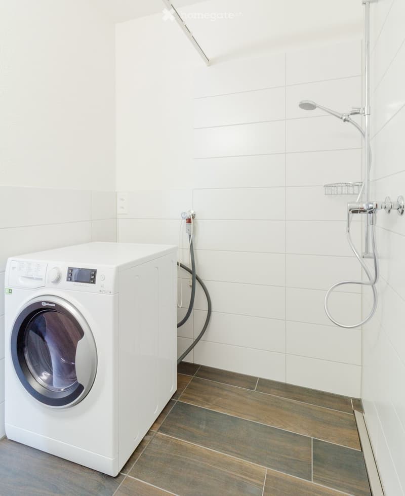 Modern bathroom with a white washing machine, tiled walls, and a shower with a handheld sprayer.