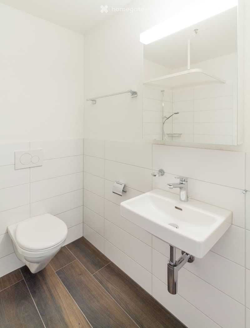 Modern bathroom with white tiles, a toilet, a sink with a chrome faucet, and a mirror above the sink. Wooden flooring is visible.