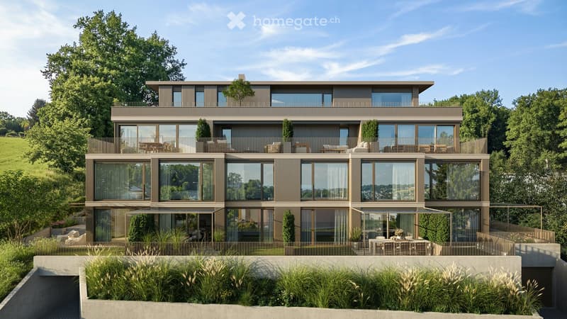 Modern two-story house with large windows, balconies, and outdoor seating areas surrounded by greenery.