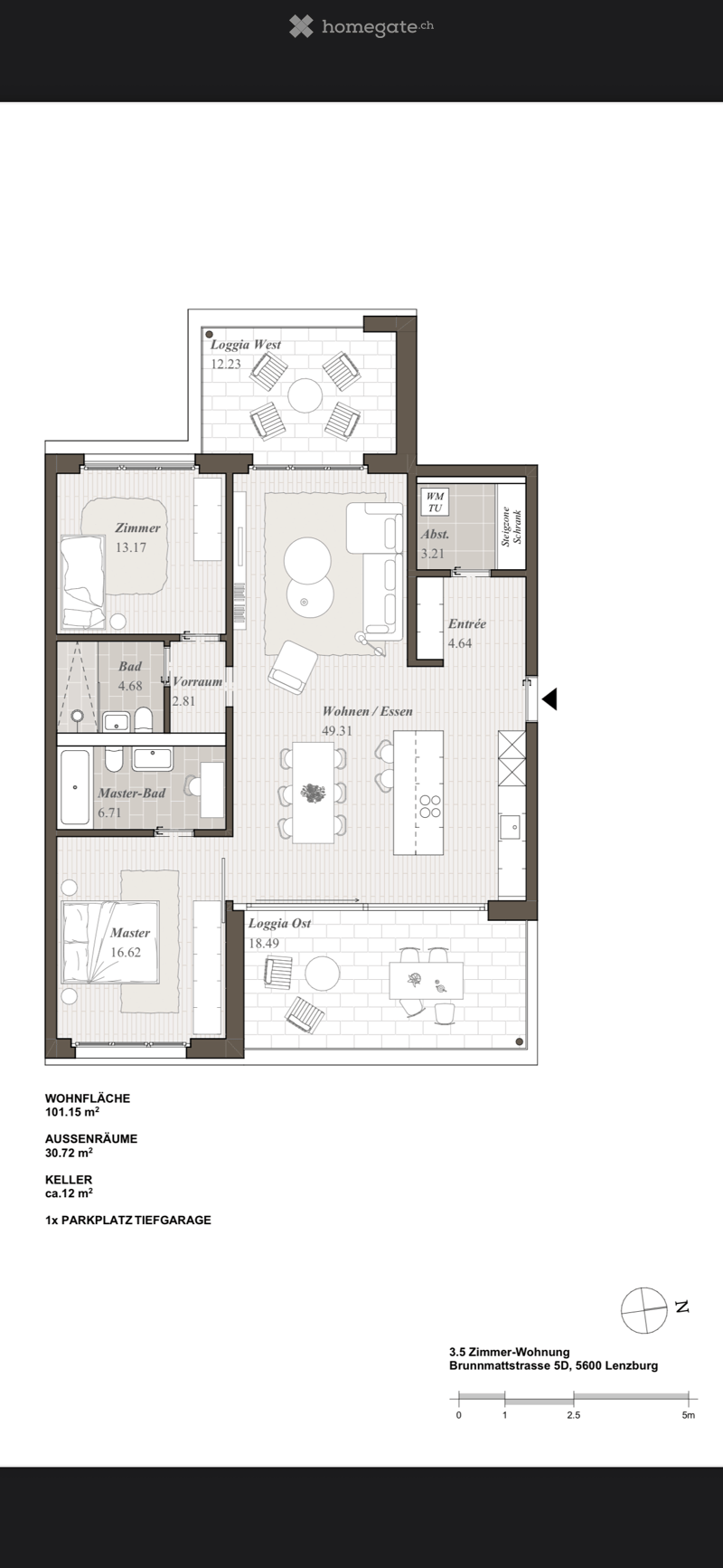 Floor plan of a 3.5-room apartment with living/dining area, master bedroom, master bathroom, additional bedroom, bathroom, entrance, and two loggias (west and east). Includes a parking space in the basement.