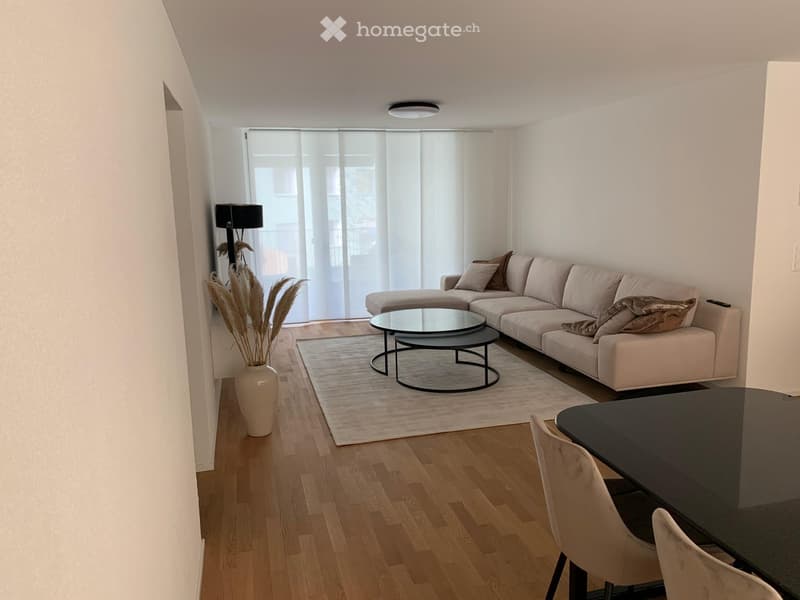 Modern living room with light-colored sofa, coffee table, dining table, chairs, and decorative vase with dried plants.