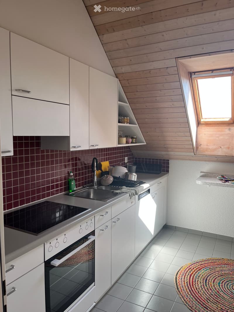 Modern kitchen with white cabinets, stainless steel appliances, and a wooden slanted ceiling. Features include an oven, sink, and various kitchen items on the counter.