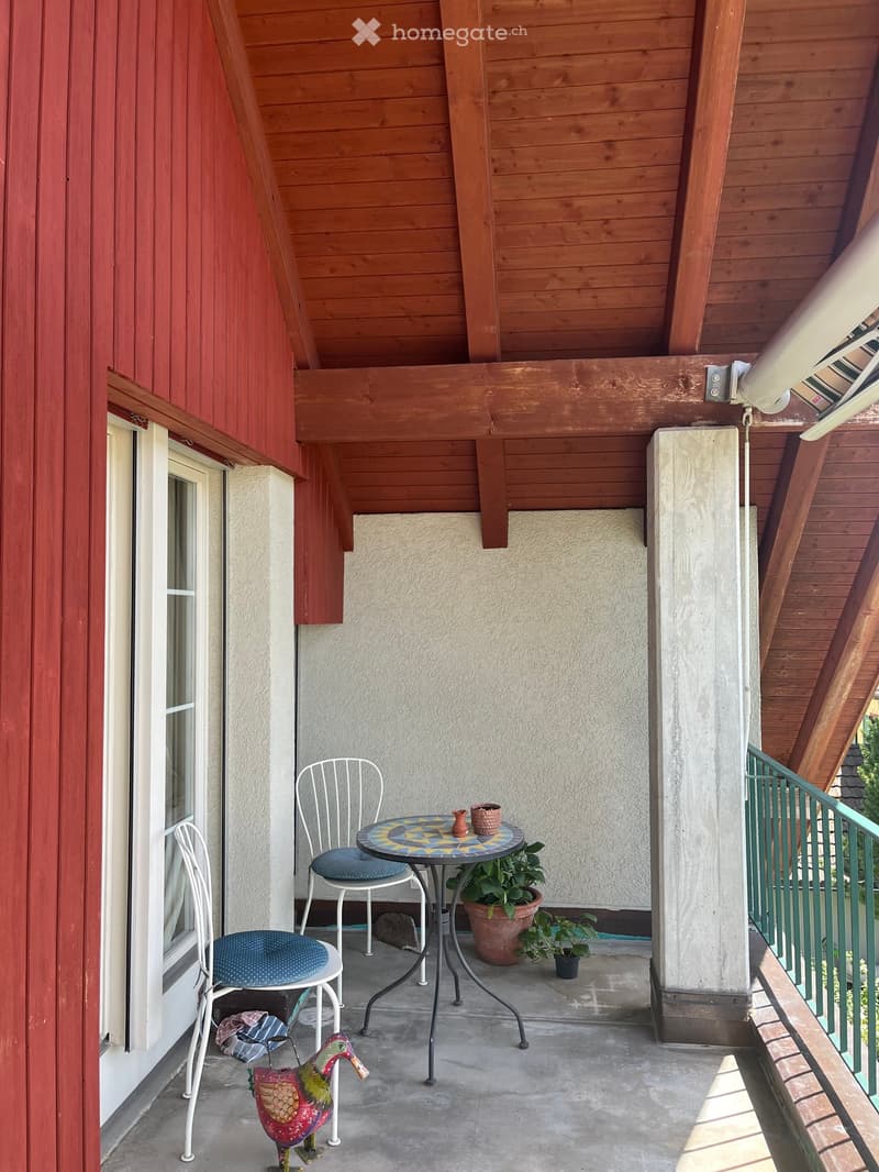 Balcony with wooden ceiling, concrete floor, small round table with two chairs, potted plants, decorative duck figurine, and a green metal railing.