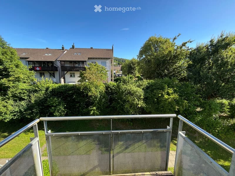 Balcony with metal railing overlooking a residential area with houses, trees, and greenery.