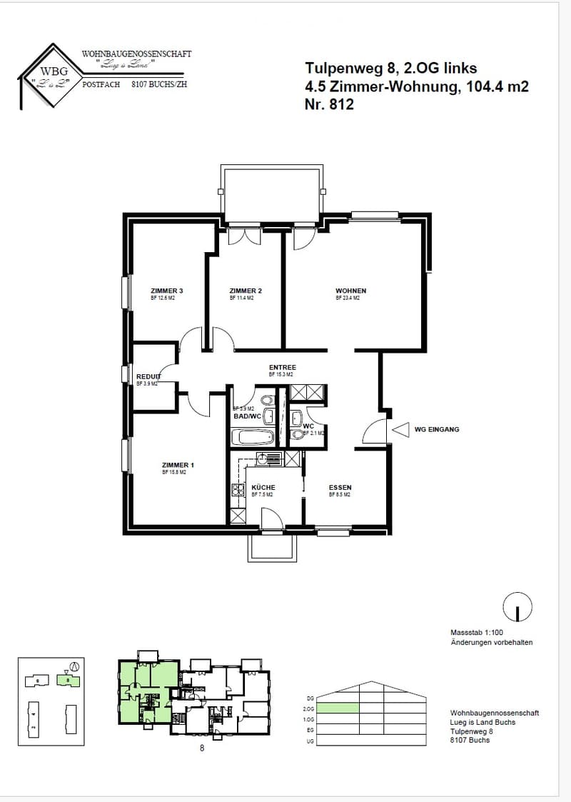 Floor plan of a 4.5-room apartment on the2nd floor, including living room, kitchen, dining area, three bedrooms, bathroom, and WC.